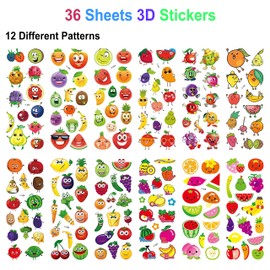 PHOGARY 3D Puffy Stickers for Children, 36 Sheets Sticker Set, 500+ Puffy Stickers, Boys Girls Funny Kawaii Fruits Vegetable Stickers for Teacher Reward DIY Scrapbooking Decoration