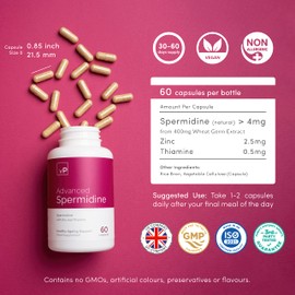 Natural Spermidine 4mg x 60 Capsules - Third Party Tested - Natural Pure Spermidine Supplement - Vitality Pro