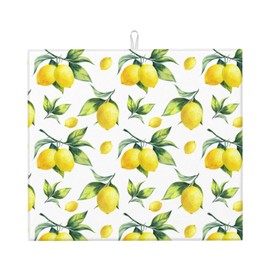 Yellow Lemon Green Leaves Dish Drying Mat For Kitchen Counter Microfiber Absorbent Dish Draining Webbing Lanyard Reusable Easy Clean Large 16" X 18"
