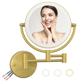 Make up Mirror Wall Mounted Lighted 10X Magnifying Hard Wired, Double Sides 3 Color Lighting Touch Dimming 360 Swivel Extended Arm Shaving Mirror for Bathroom, Brushed Gold