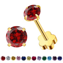 Flower Screw Back Birthstone Stud Earrings for Women Girls, 3mm G23 Tiny CZ Flat Back Stud Earrings, Screw Back Helix Earrings (Gold, 1.Jan-Garnet)
