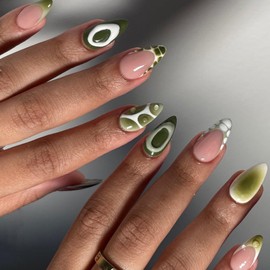 Almond Press on Nails Short French Fake Nails with Designs Green Gradient Glue on Nails Circle False Nails Lines Acrylic Nails Glossy Artificial Nails Full Cover Stick on Nails for Women 24Pcs