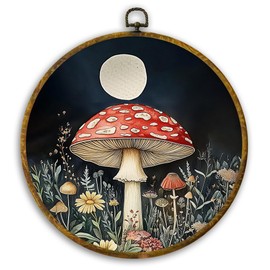 CUANFDDSF Moody Cottagecore Moon & Mushroom Round Wall Art, Whimsical Fores Dark Academia Framed Hanging Wall Decor, Cottagecore Nature Mushroom Canvas Prints Decorations for Home Gallery, 10x10 Inch