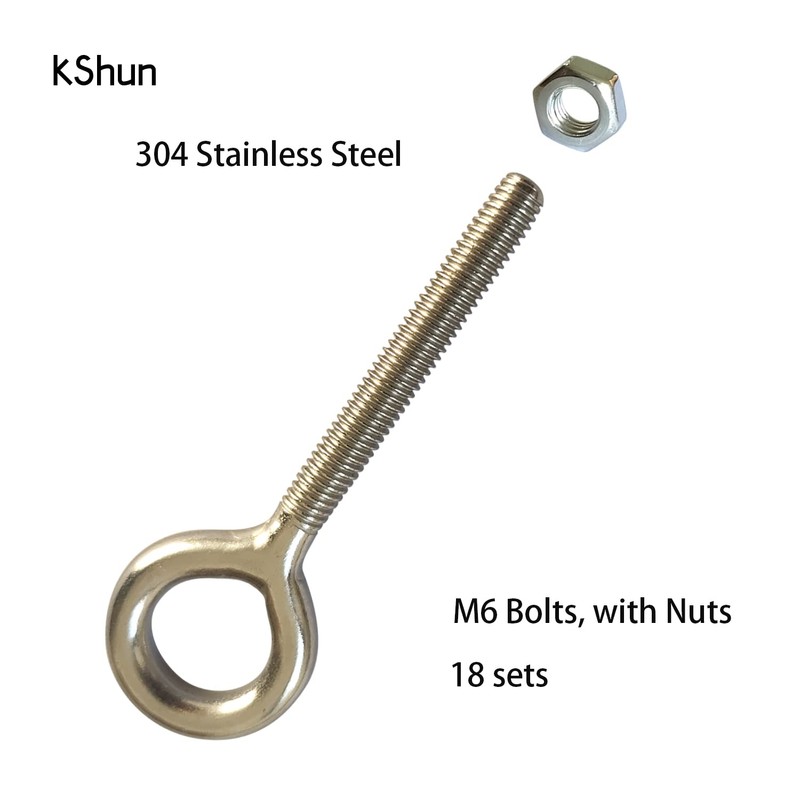 18 Sets Eye Bolt M6 Stainless Steel Rust Resistant Sturdy