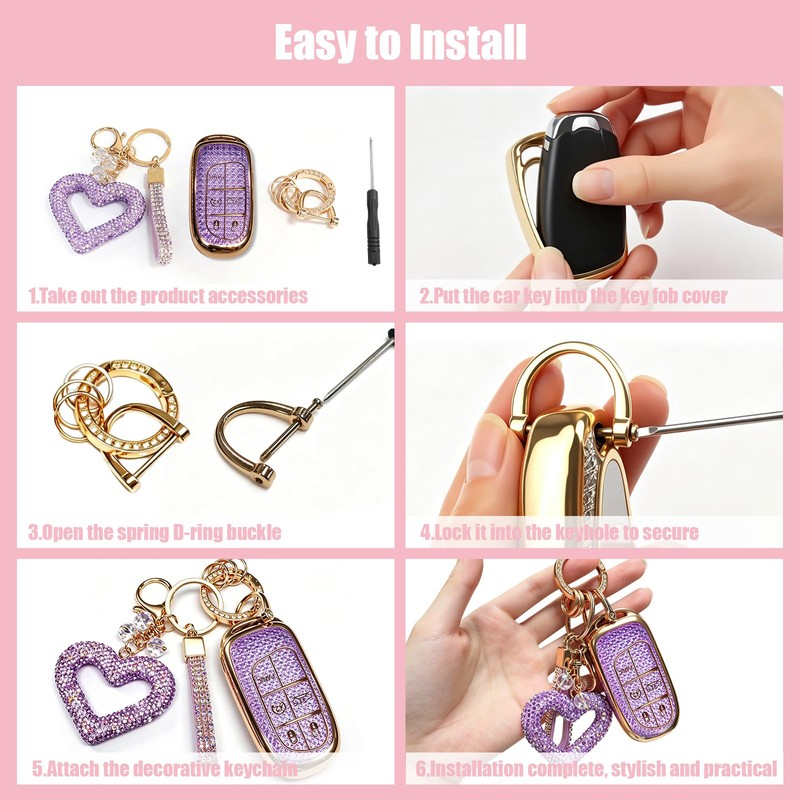 Erivis Bling Key Fob Cover with Heart Keychain for Jeep/Dodge/Chrysler