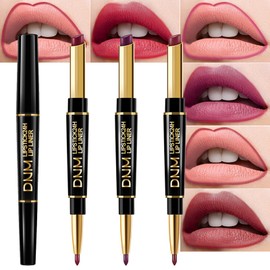 3Pcs Matte Lip Liner and Lipstick Combo Set for Women,Plum Purple Wine Mauve Red Double-Ended Lip Liner and Lipstick Kit,24 Hours Long Lasting Waterproof Smudge Proof Makeup labial-02#05#08#