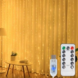 Melofo Curtain Fairy Lights 3m×3m 300LEDs Curtain Lights USB Powered 8 Modes Indoor Outdoor Lights with Remote Control Night Lights Gifts for Birthday Christmas Party Wedding Decorations(Warm White)