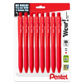 Pentel Wow! Retractable Ballpoint Pen, (1.4mm), Bold Line, Red Ink, Pack of 8 (BK444BP8B)