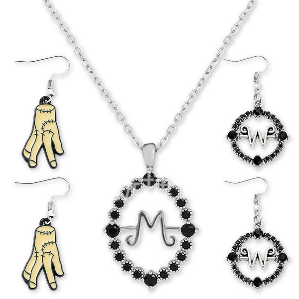 QITHGYD Wednes-day Set with Fake Hand Earring, W Symbol Earring