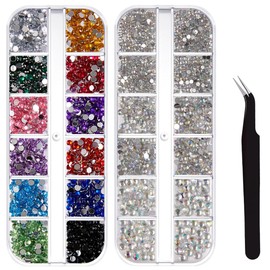 JEYORZY 2 Boxes of Rhinestones, Nail Art, Rhinestones Nails, Glitter Stones and Semicircular Pearls Nails Rhinestones, Glitter Stones Nails, AB Crystal Rhinestones, with 1 Tweezers for Nail/DIY