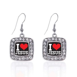 Inspired Silver - I Love Jesus - Silver Dangle Earrings for Women - Square Charm Earrings French Hook Drop with Cubic Zirconia - Women's Dangly Earrings Jewelry Gift