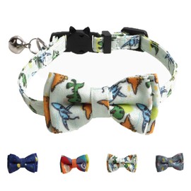 Cat Collar Breakaway with Bowtie Bell, Cute Dinosaur Print Kitten Collar with Removable Cat Bowtie Collar for Kitty Cat (7.4-10.8 inch)