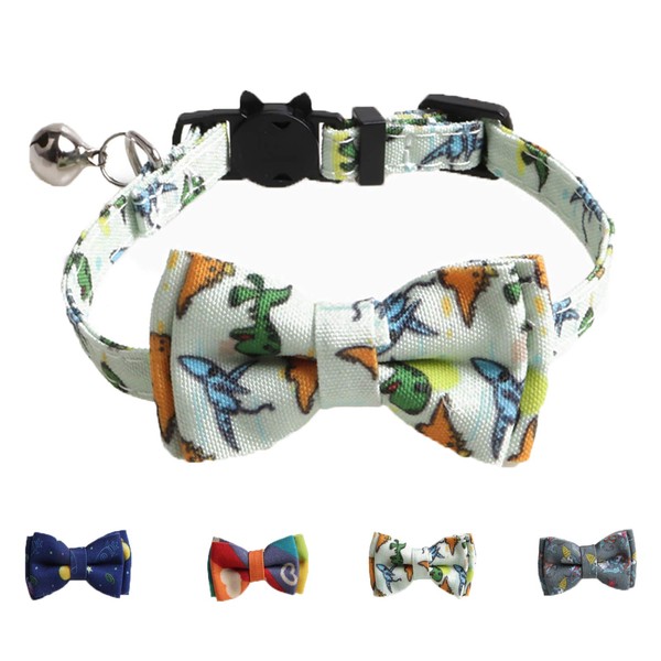 Cat Collar Breakaway with Bowtie Bell, Cute Dinosaur Print Kitten