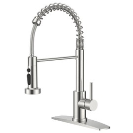 QFN Kitchen Faucet with Pull Down Sprayer, Brushed Nickel Stainless Steel Commercial Single Handle Classic Spring Kitchen Sink Faucet with Deckplate Fit for 1 or 3 Hole for Farmhouse Rv Laundry Room