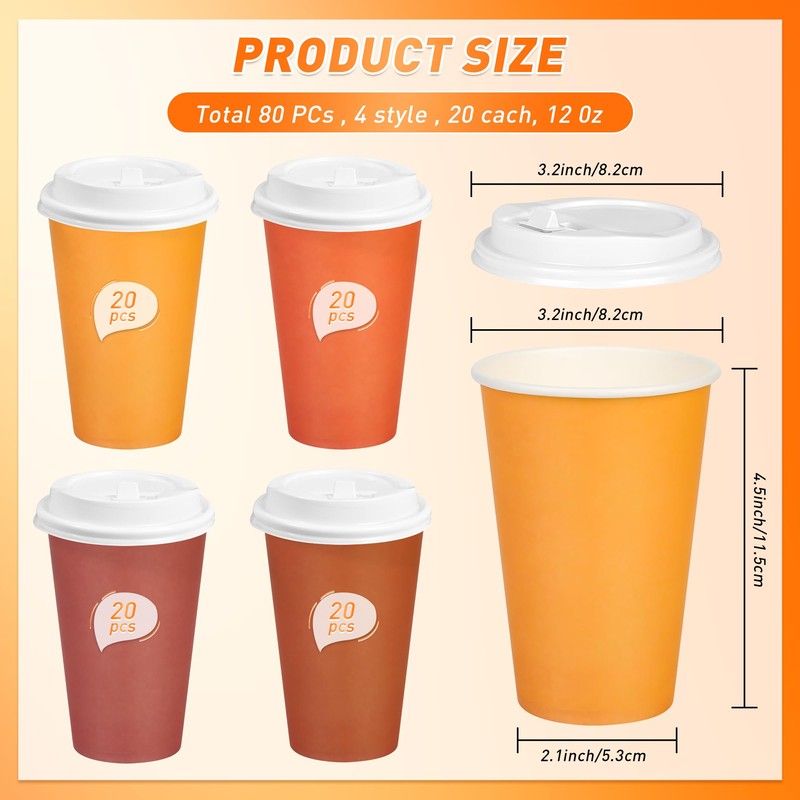 80 Pcs 12 oz Orange Disposable Coffee Cups with Lids