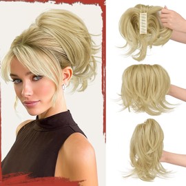 SOFEIYAN Claw Clip Short Ponytail Extension DIY Bendable Wires Hair Bun Fluffy Fake Hair Piece Straight Synthetic Hair Ponytail Extensions for Wonen - Ash Blonde with Light Golden Highlights