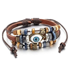 LSxAB Women Mens Evil Eye Leather Wrap Bracelet Multi-Layer Stackable Wristband Braided Adjustable Bracelets