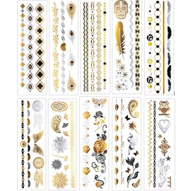 10 Sheets Temporary Feather Tattoos Bracelet Tattoos Gold and Silver Tattoos Metallic Tattoos W2