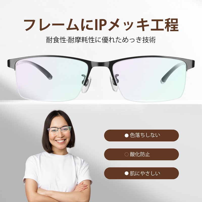 [KIHASU] 老眼鏡 ブルーライトカット メンズ レディース 樹脂製レンズ チタン合金 ハーフリム型メガネ ユニセックス ブラック