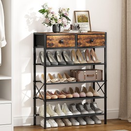 UNITSTAGE Shoe Rack, 5 Tier Shoe Storage Organizer with 2 Drawers, 16-20 Pairs of Shoes for Entryway, Metal Shoe Shelf with 4 Fabric Shelves and Wooden Top, Shoe Stand for Closet Rustic Brown