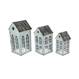 Enchanting Set of 3 Distressed White Metal House-Shaped Christmas Village Candle Holders: Rustic Farmhouse Charm for Cozy Winter Nights, Western Country Decor Accent Pieces