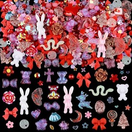 3D Resin Butterfly Bear Nail Accessories Peach Blossom Star Bow Snake Rabbit Animal Shape Water Diamond Pearl Suitable for DIY Nail Decoration Production Process Accessories (150pcs,Festive Red)