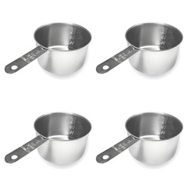 1 Cup Stainless Steel Measuring Cup | Sturdy Metal 250 ml | 240 cc | 8 oz | Single Cup for Wet and Dry Ingredients | Great for use as 1 Cup Dog Food Scoop - 4 PK