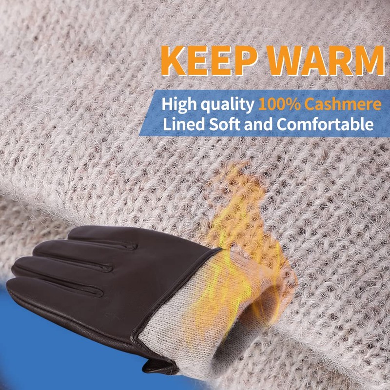 MGGMOKAY Women's Cashmere Lined Leather Gloves, Brown (Thouchscreen)
