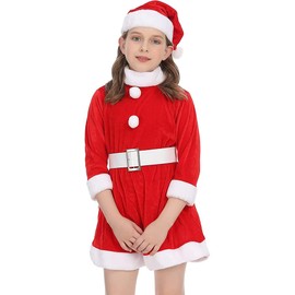 Carnavalife Santa Claus Costume for Girls, Red Dress with Belt and Santa Hat for Santa Cosplay 3 Pieces (Female, 5-6 Years)