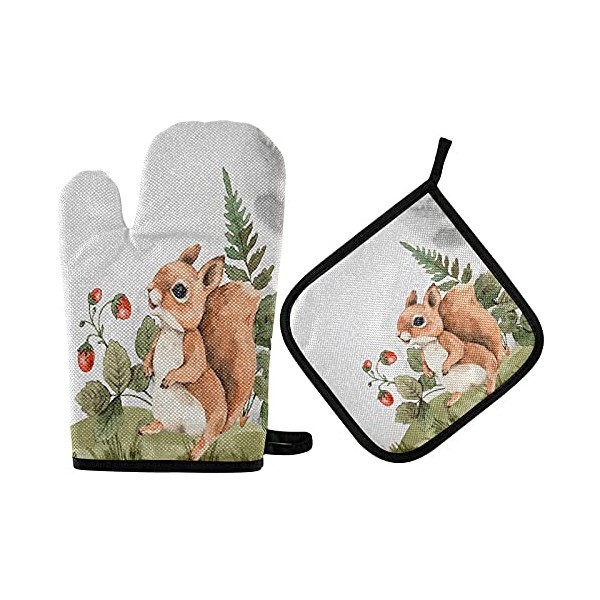 Cute Cartoon Squirrel Oven Mitts Pot Holder Set Winter Leaves