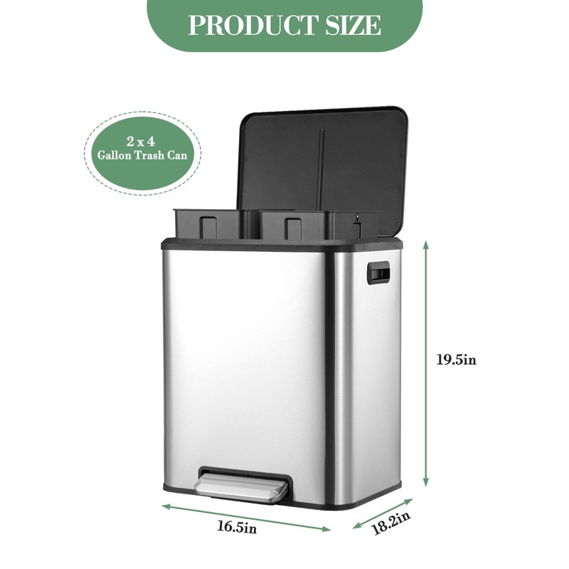 8 Gallons/30 L Dual Trash Can with Lid, Stainless Steel