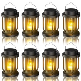 FriutShine Solar Lantern Outdoor & Indoor Use – Hanging Solar Lights with Realistic Flickering Flameless Candle, Weatherproof for Gardens, Patios, Trees, and Lawns (Black, 8 Pack)