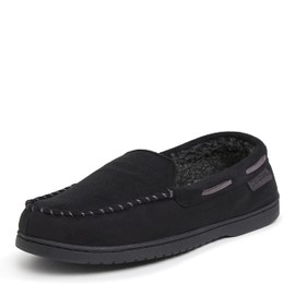 Dearfoams Men's Keaton Memory Foam Moccasin with Wide Widths Slipper, Black Microsuede, 7-8