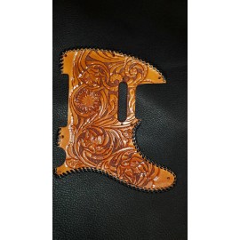 Tool Awl Leather Leather pick guard Fender Telecaster hand tooled leather "Floral Riffs" brown L