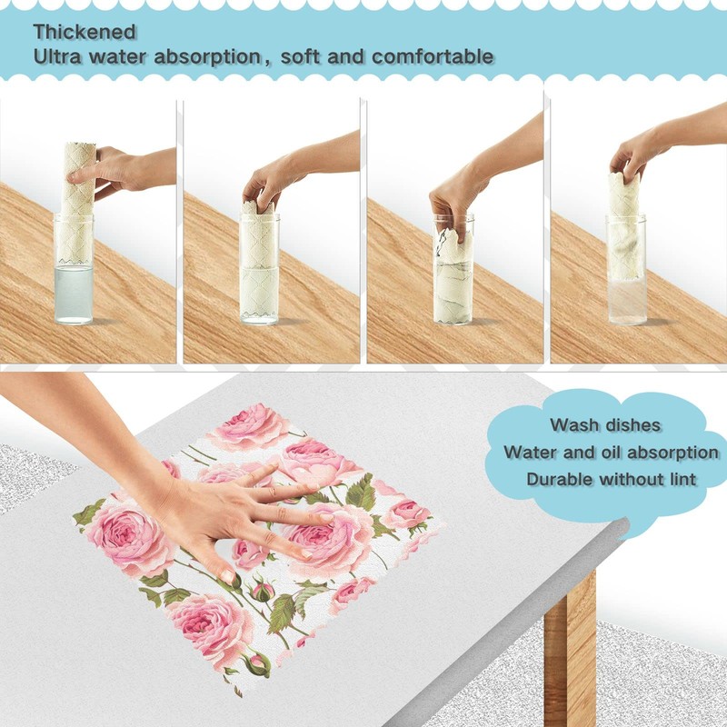 Pink Rose Flower Floral Kitchen Dishcloths, 6 Pack Dish Towels