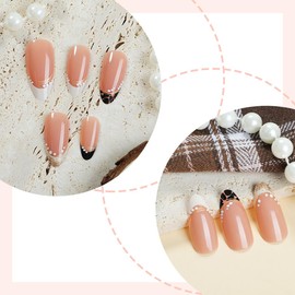 French Tip Press on Nails Short Almond Fake Nails White French Tip Nails Press ons with Lines Designs Leopard Tip Acrylic Nails Full Cover Glossy Glue on Nails Stick on Nails for Women Manicure 24 Pcs