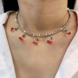 TseenYi Crystal Cherry Necklace CZ Tennis Chain Necklace Red Cherry Pendant Necklace Gold Rhinestone Necklace Cherry Tassel Tennis Link Necklace Cherry Basket Cute Pendant Necklace, Zinc