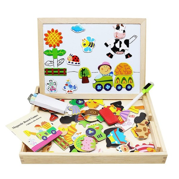 Lewo Wooden Kids Educational Toys Magnetic Easel Double Side Dry Erase Board Puzzles Games for Boys Girls