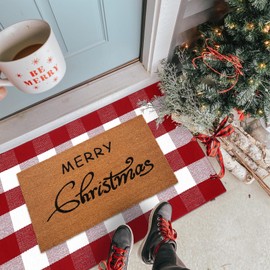 Christmas Door Mat Combo Set - 100% Coco Coir Welcome Mat + 28 x 43 Inch Red and White Plaid Rug, Christmas New Year Holiday Collection Doormat for Front Porch Entryway Decorative