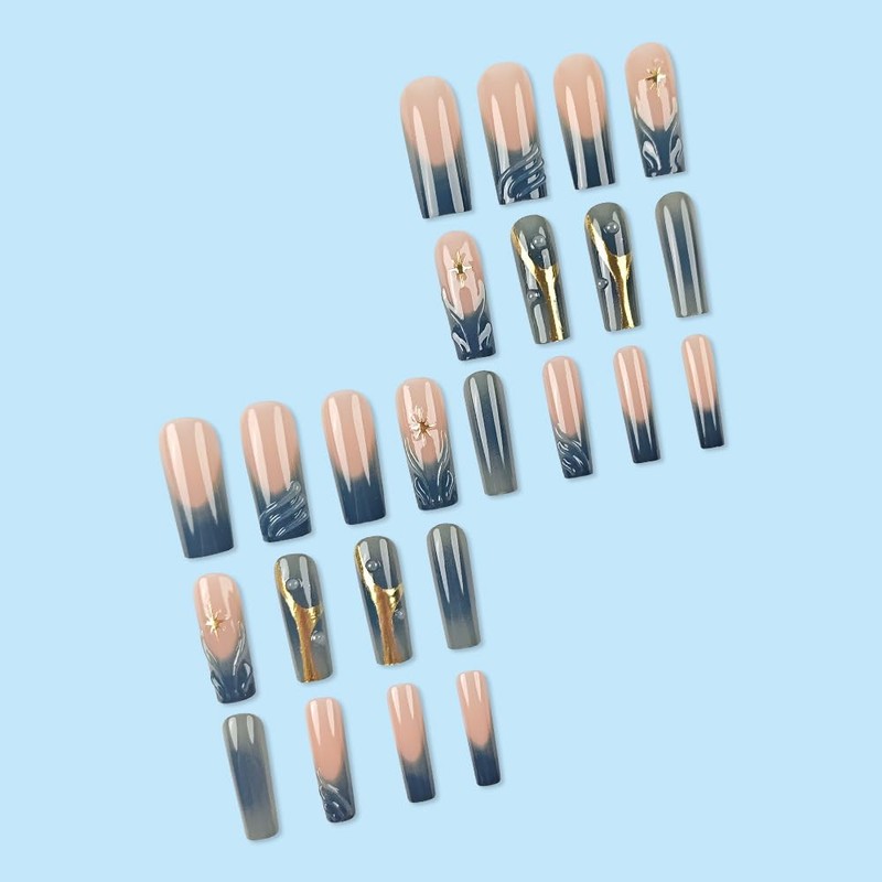Long Square Press-On Nails Set, Nude Pink to Navy Ombre