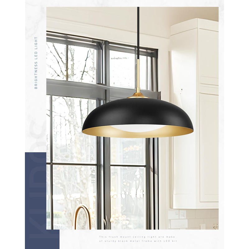 KUDOS 15 Inch Large LED Pendant Lights, Black and Gold