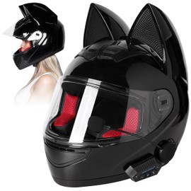 Full Face Kitty Cat Ear Automotive Motorcycle Biker Helmet with Bluetooth | for Moped | Bike | Vespa | Scooter | ATV | Quad | Dirtbike | DOT FMVSS218 Approved and Certified