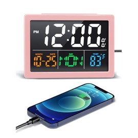 Digital Alarm Clock, with 5.5" Large LED Time Display, Adjustable Alarm Volume, 6 Level Brightness, Alarm Settings, USB Charger, Temperature Detect, Snooze, Clocks for Bedroom, Bedside, Desk, Pink