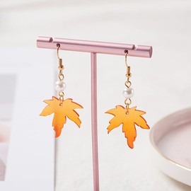 Red Maple Leaf Pearl Dangle Earrings Thanksgiving Christmas Drop Dnagle Earrings Jewelry for Women Autumn Vibe Jewelry-Short
