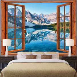 Aidatain Window Tapestry Mountain Lake Forest Scene Tapestry Nature Landscape Wall Hanging, Flannel Art Large Tapestries 80"x 60" Flannel for Bedroom Home Decor GTFNAT0088