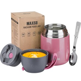 Insulated Food Jar for Hot & Cold Food for Kids Adult,17 oz Soup Thermo Hot Food Containers for Lunch, Triple Layer Insulation Stainless Steel Food Jar with Spoon (Pink)