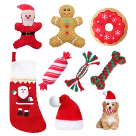 8 Pieces Christmas Dog Toys Set Christmas Plush Interactive Dog Squeaky Toys Santa Gingerbread Man Donut and Candy stuffed Toys Rope Toys Dog Santa Hat and Sock Chew Toys Gift for Medium Small Dogs