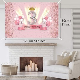 3rd Birthday Banner 3rd Birthday Decoration Rose Gold Party Decoration Girl, Fabric Sign Poster 3rd Anniversary Party Crown Birthday Banner Table Decoration Poster, Glitter Pink