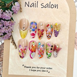 PBPCGBW 24Pcs Medium Almond Acrylic Summer Press-On False Nails with 3D Flowers, Butterflies & Rhinestones Designs, Full Cover French Tip, Reusable with Jelly Glue