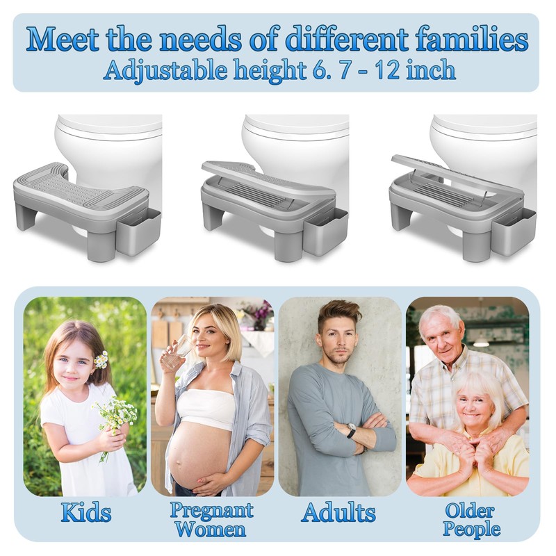 Toilet Stool Squat Adult, Height Adjustable Poop Stool for Bathroom